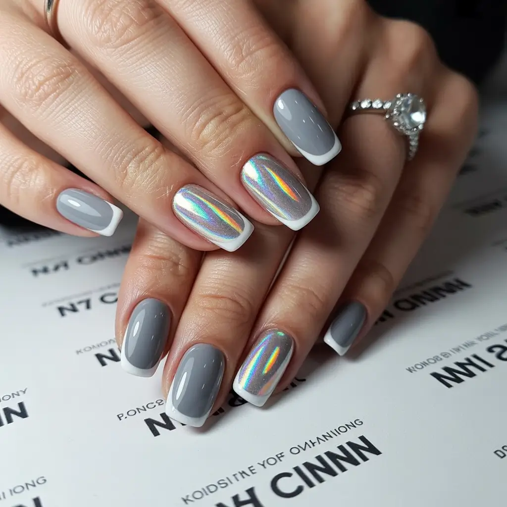 Gel Nail Trends Christmas 2025 Holographic Silver French