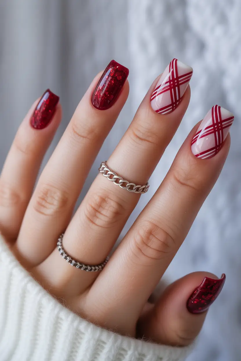 Gel Nail Trends Christmas 2025 Candy Plaid