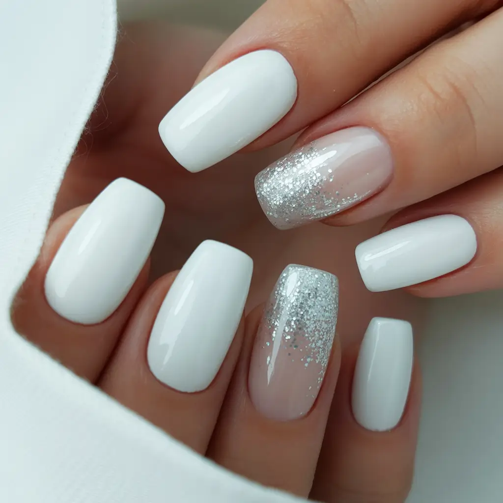 Gel Nail Trends Christmas 2025 White Glitter Snowfall