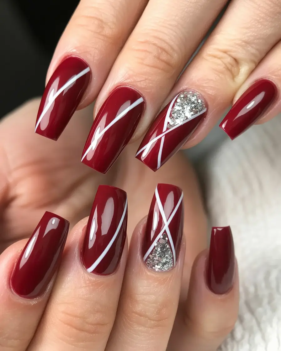 Gel Nail Trends Christmas 2025 Wine and Silver Stripes