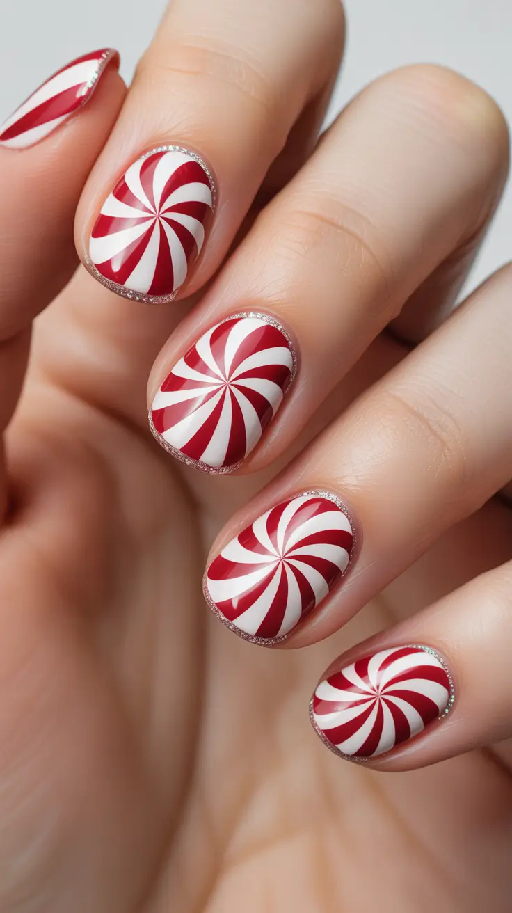 Gel Nail Trends Christmas 2025 Candy Swirl Delight