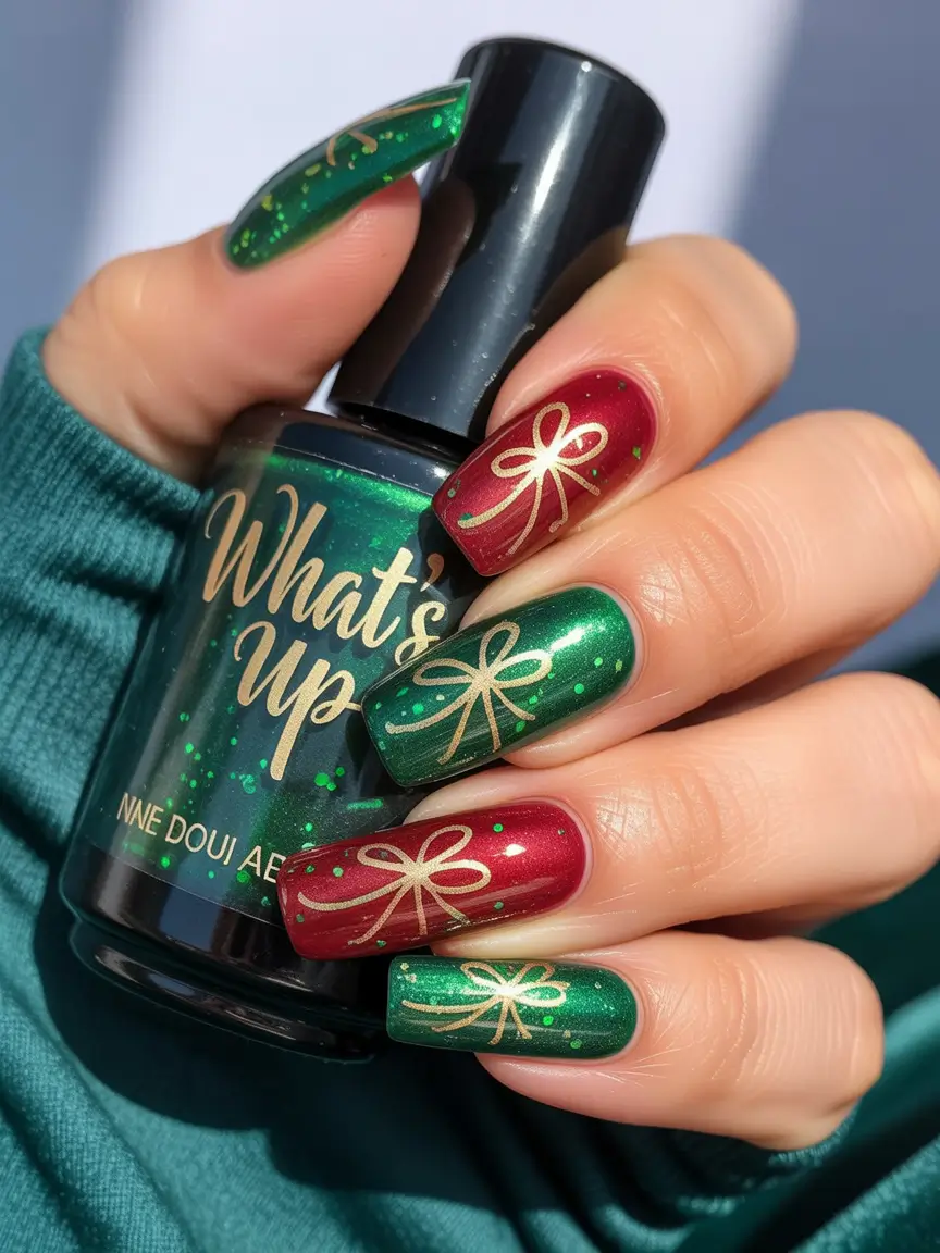 Green Nail Trends Christmas 2025 Emerald Gift Bow Charm