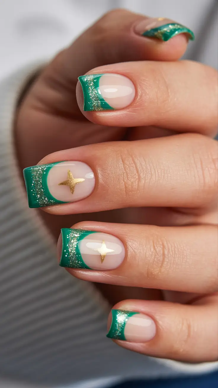 Green Nail Trends Christmas 2025 Golden Star Tips