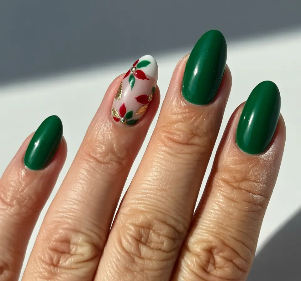 Green Nail Trends Christmas 2025 Poinsettia Bloom Accent