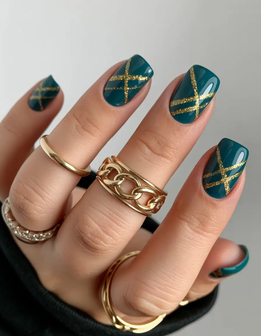Green Nail Trends Christmas 2025 Golden Grid Luxe
