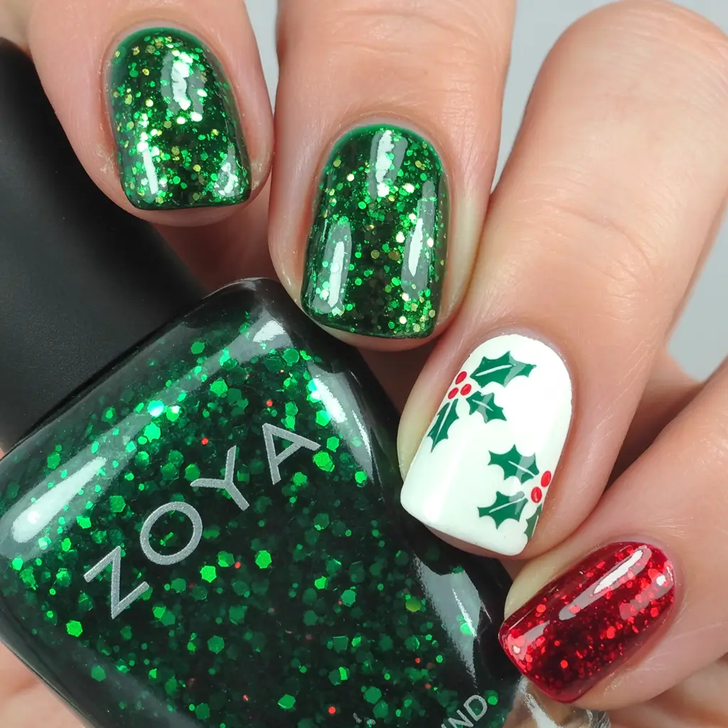 Green Nail Trends Christmas 2025 Glittered Forest Spark