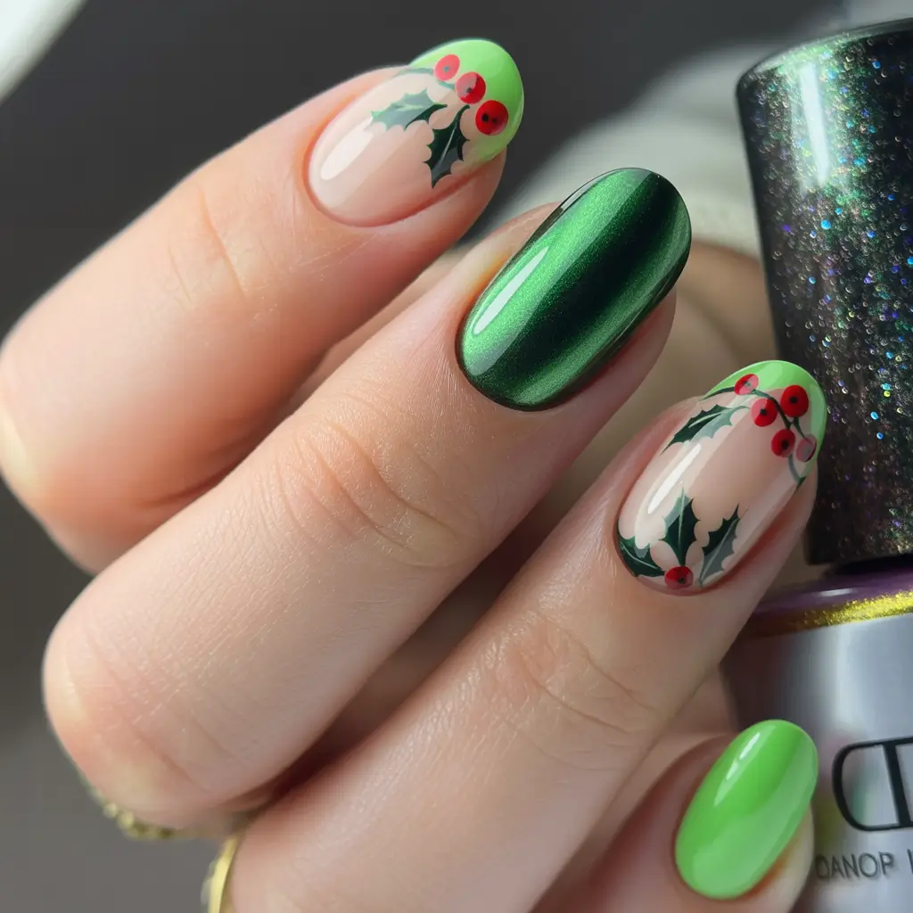 Green Nail Trends Christmas 2025 Olive Shine & Holly Accent