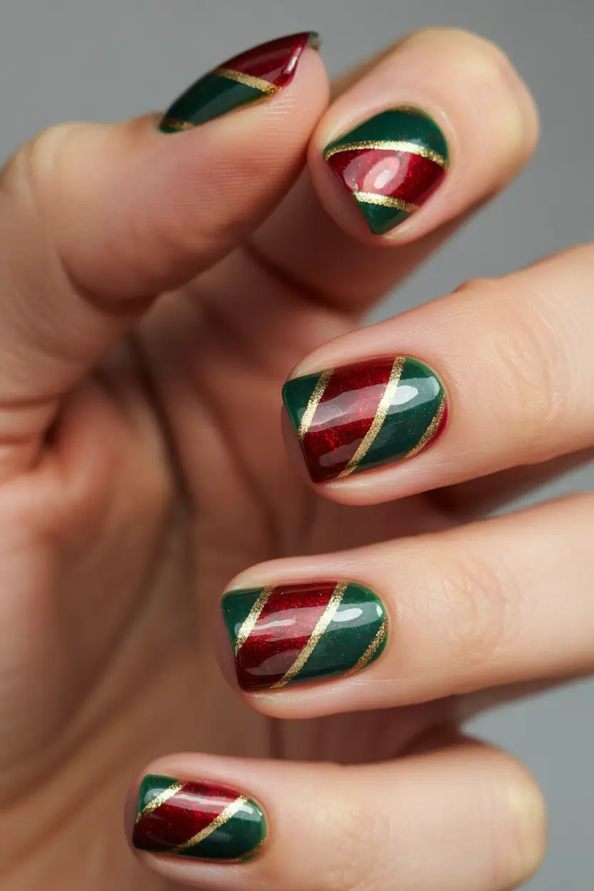 Green Nail Trends for Winter 2025–2026 Festive Forest Stripes