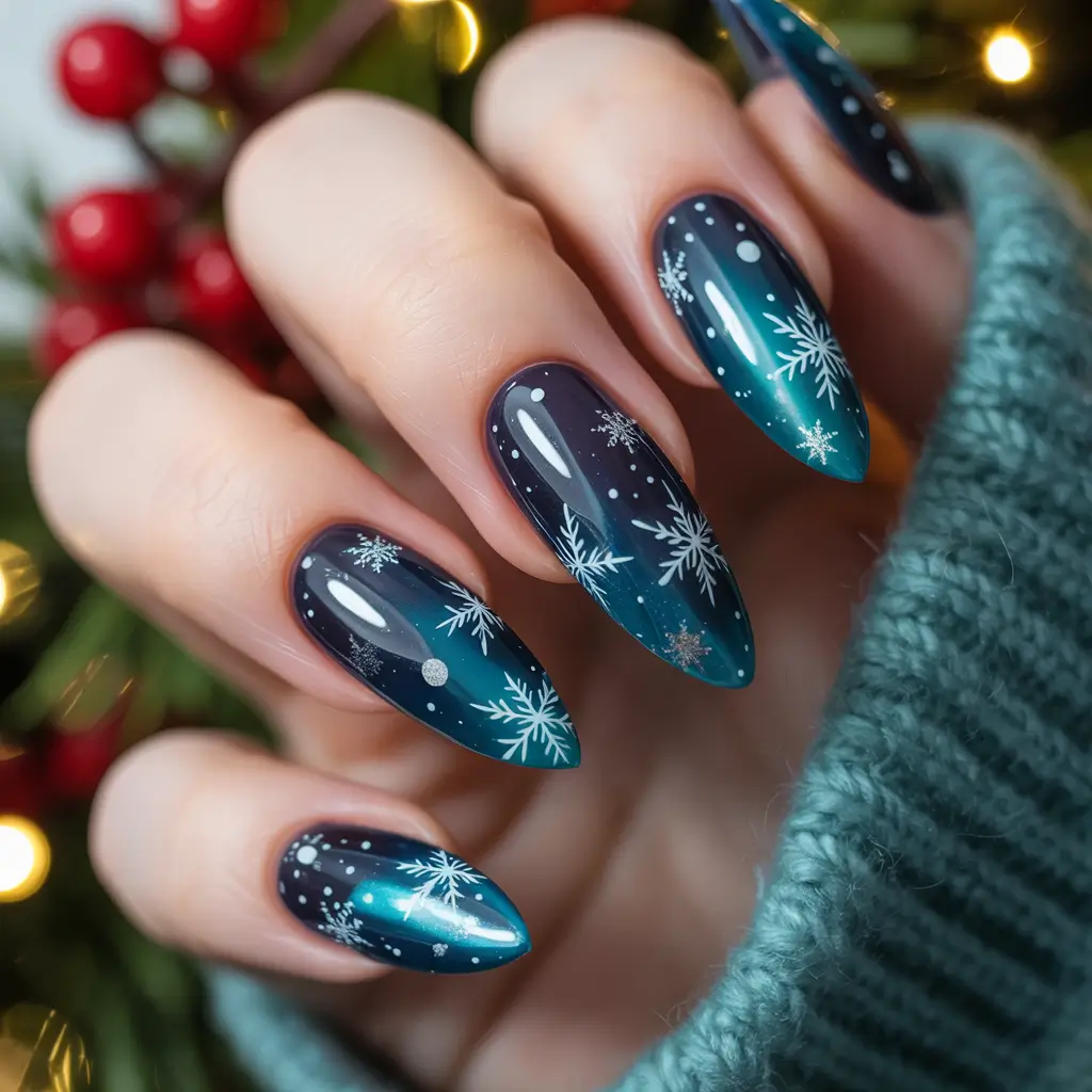 Green Nail Trends for Winter 2025–2026 Frosted Blue and Green Snowflakes