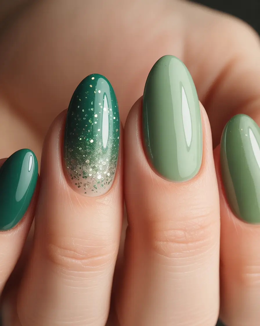Green Nail Trends for Winter 2025–2026 Soft Green Sparkle