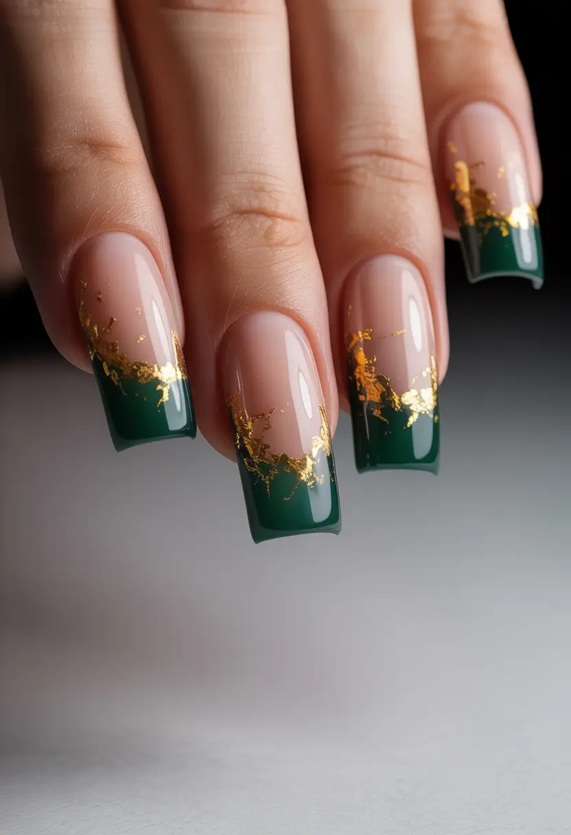 Green Nail Trends for Winter 2025–2026 Gold-Leaf French