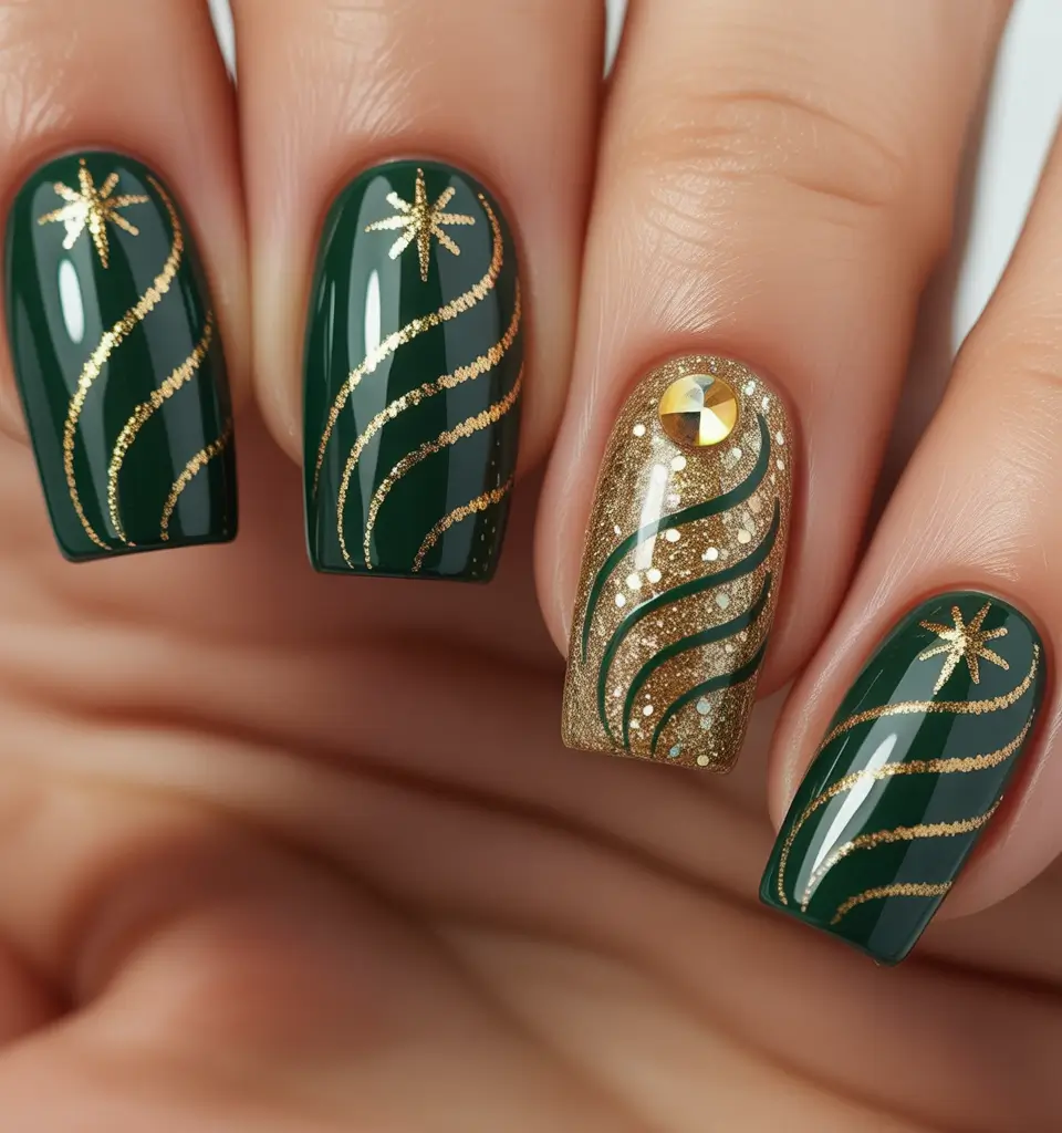 Green Nail Trends for Winter 2025–2026 Golden Glow Swirls