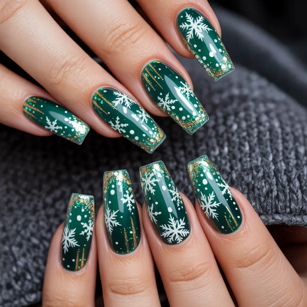 Green Nail Trends for Winter 2025–2026 Snowflake Sparkle