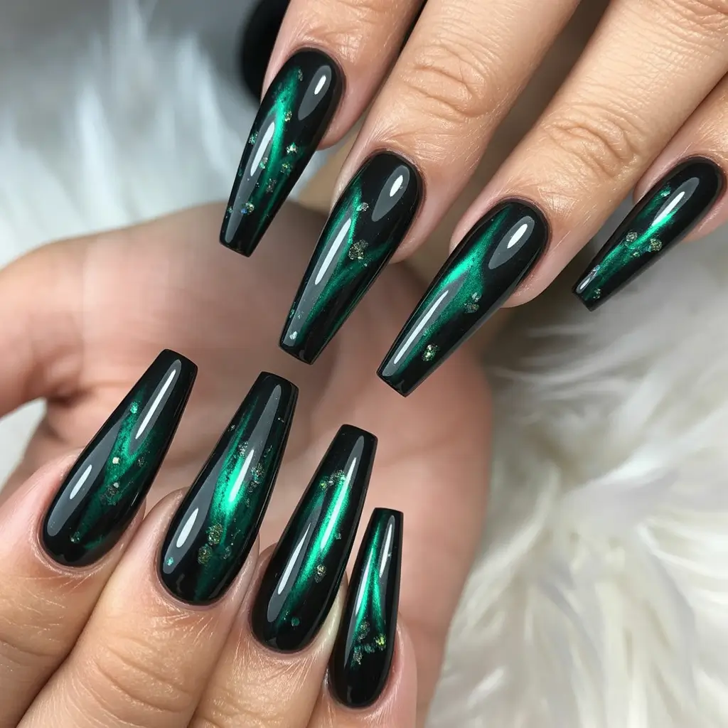 Green Nail Trends for Winter 2025–2026 Dark Emerald Chrome