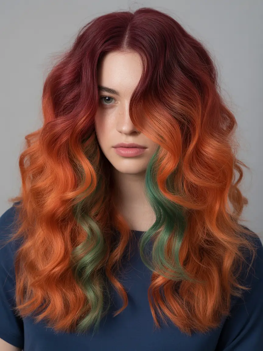 Hair Color Ideas Auburn for Winter 2025 – 2026 Avant-Garde Auburn with Peekaboo Green