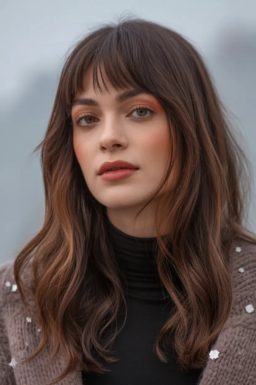 Hair Color Ideas Auburn for Winter 2025 – 2026 Chocolate Auburn with Wispy Bangs