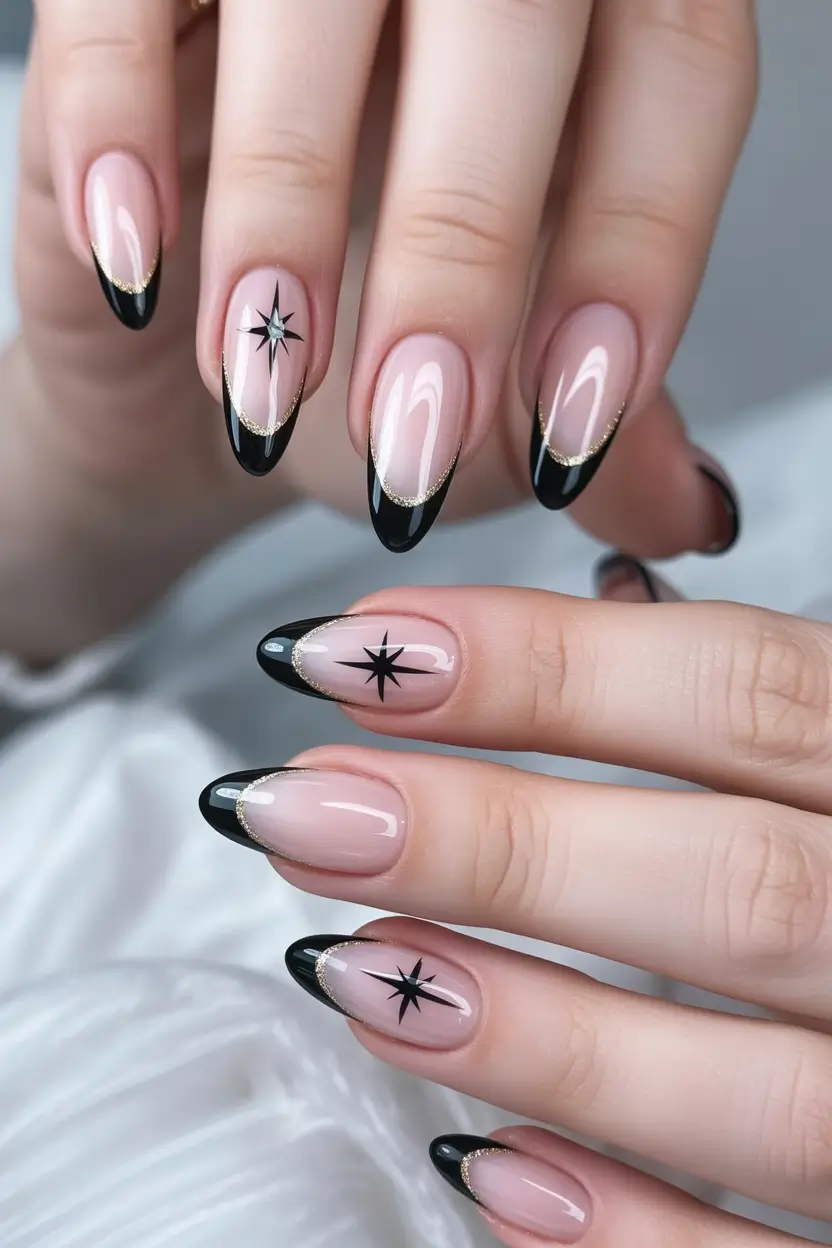 Neutral Nail Art Ideas for Winter 2025–2026 Black Star French