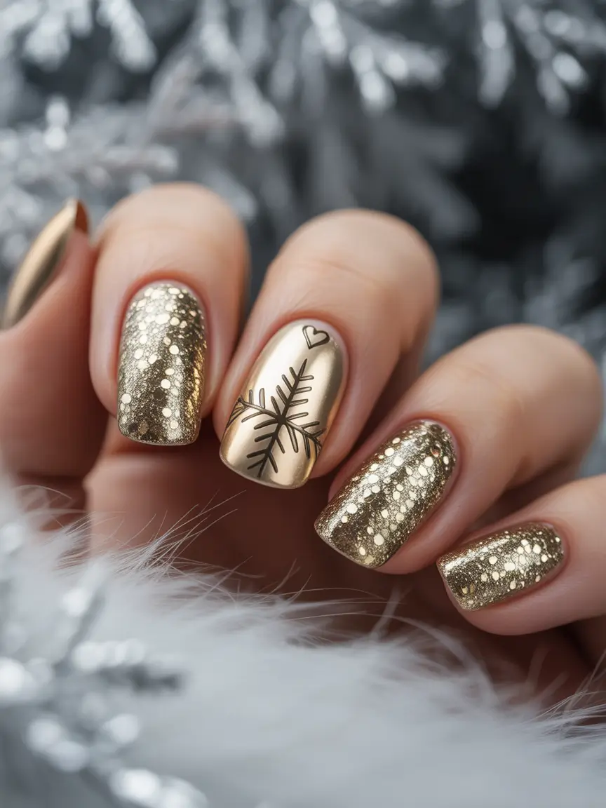 Neutral Nail Art Ideas for Winter 2025–2026 Golden Snowflake Glam