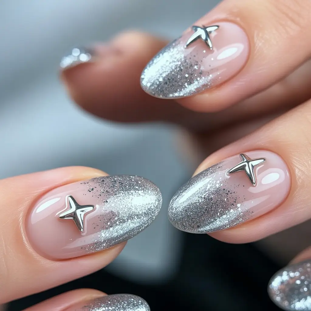 Neutral Nail Art Ideas for Winter 2025–2026 Silver Stardust Ombre