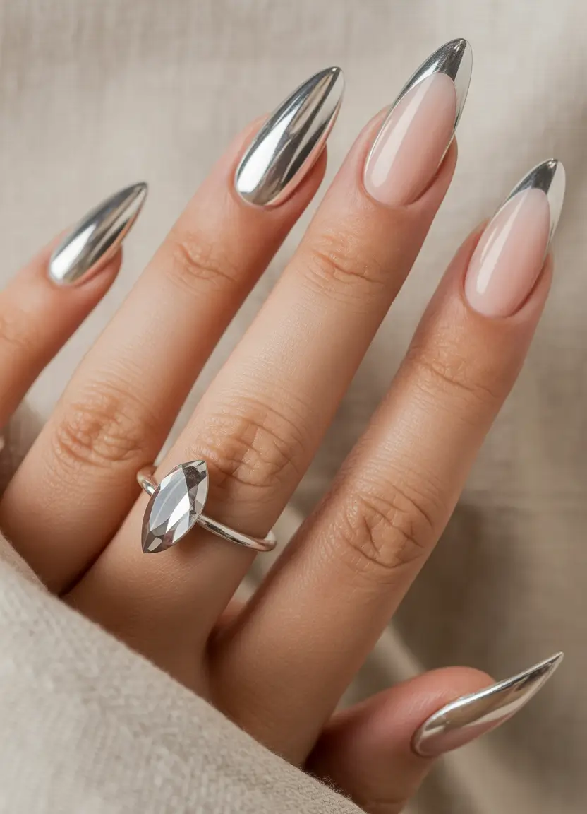 Neutral Nail Art Ideas for Winter 2025–2026 Mirror Chrome Almond