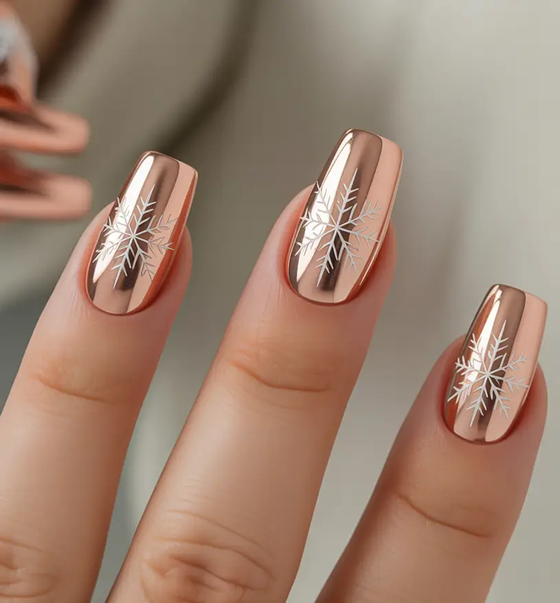 Neutral Nail Art Ideas for Winter 2025–2026 Rose Gold Snowflakes