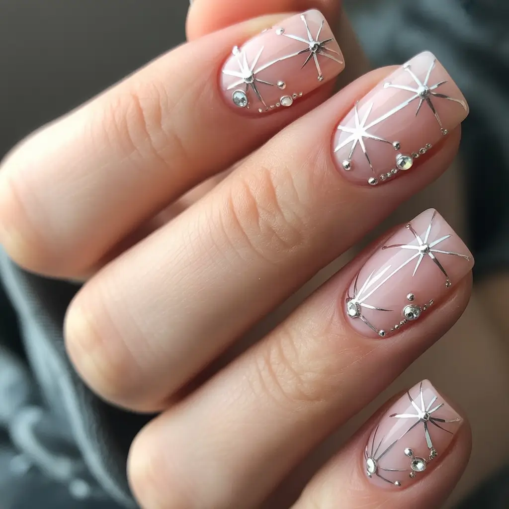 Neutral Nail Art Ideas for Winter 2025–2026 Celestial Nude Spark