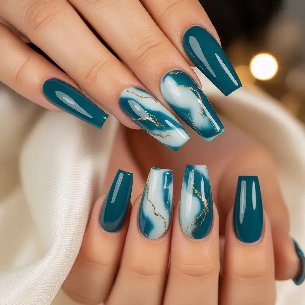 November 2025 Nail Colors Ideas Teal Marble Luxe