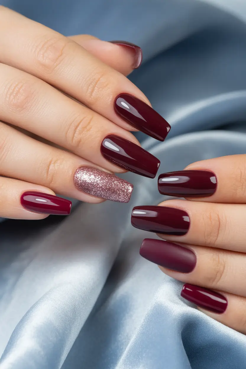 November 2025 Nail Colors Ideas Burgundy & Rose Sparkle