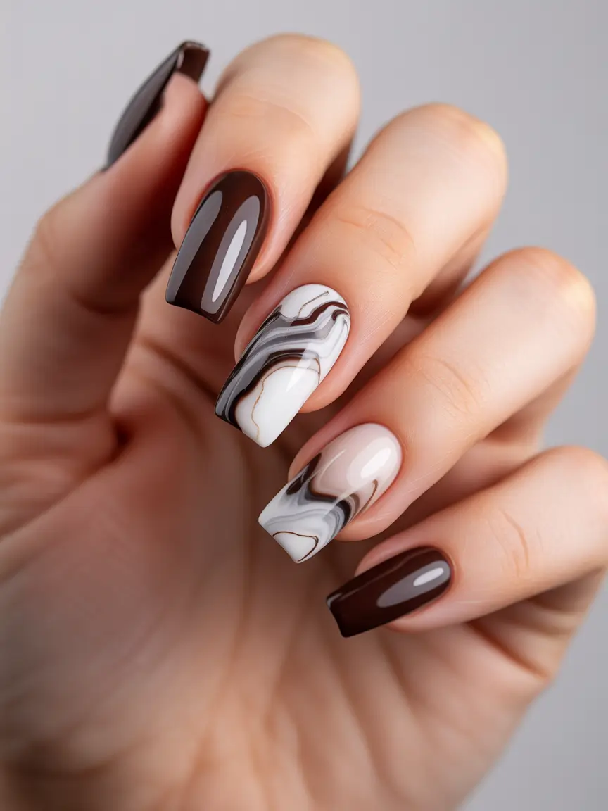 November 2025 Nail Colors Ideas Mocha Marble Swirls