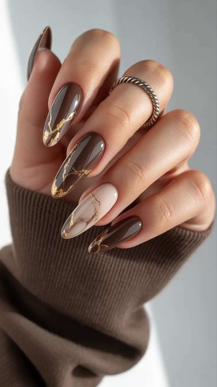 November 2025 Nail Colors Ideas Mocha Marble with Gold Veins
