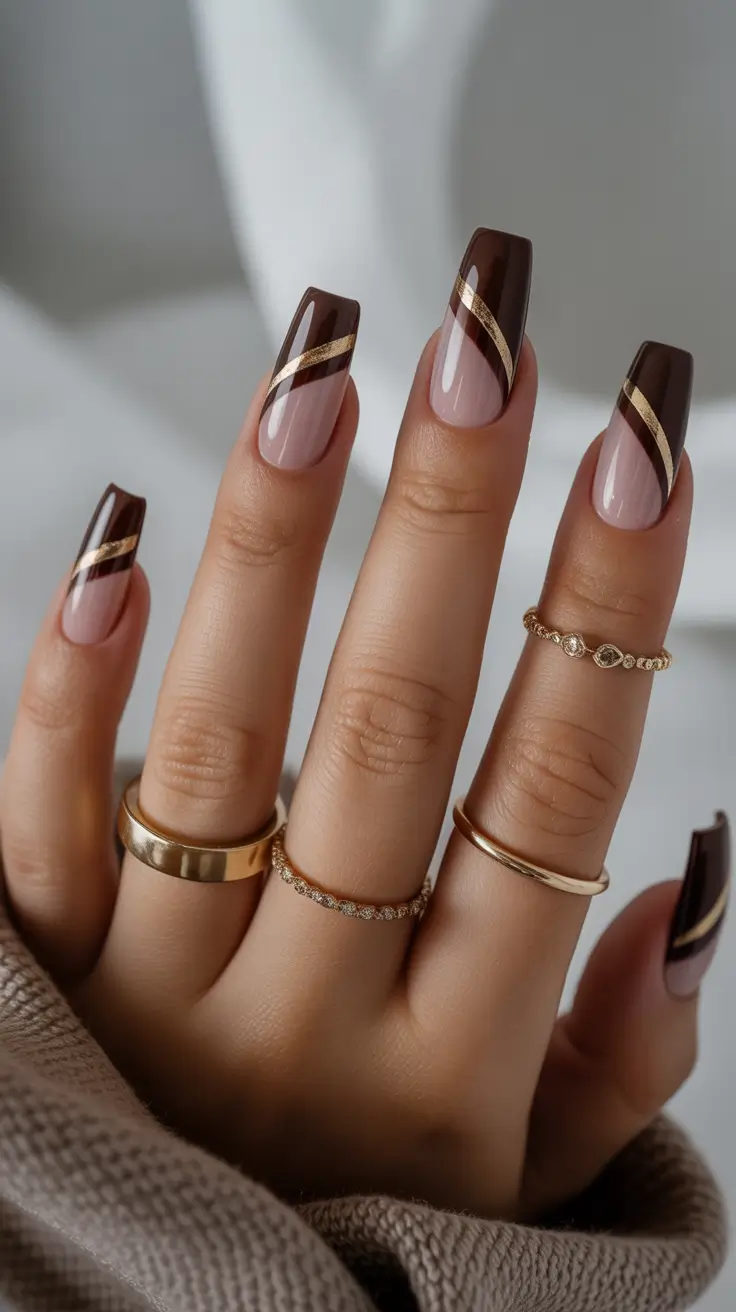 November 2025 Nail Colors Ideas Brown & Gold French Stripes