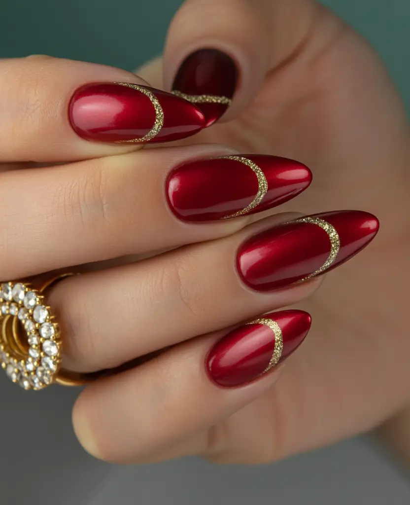 November 2025 Nail Colors Ideas Red Glam with Golden Arcs