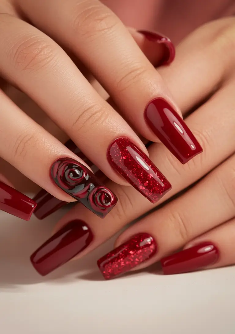 November 2025 Nail Colors Ideas Crimson Glitter Roses