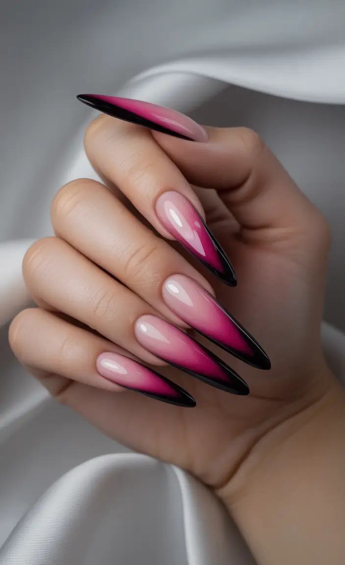November 2025 Nail Colors Ideas Pink Fade with Black Tips