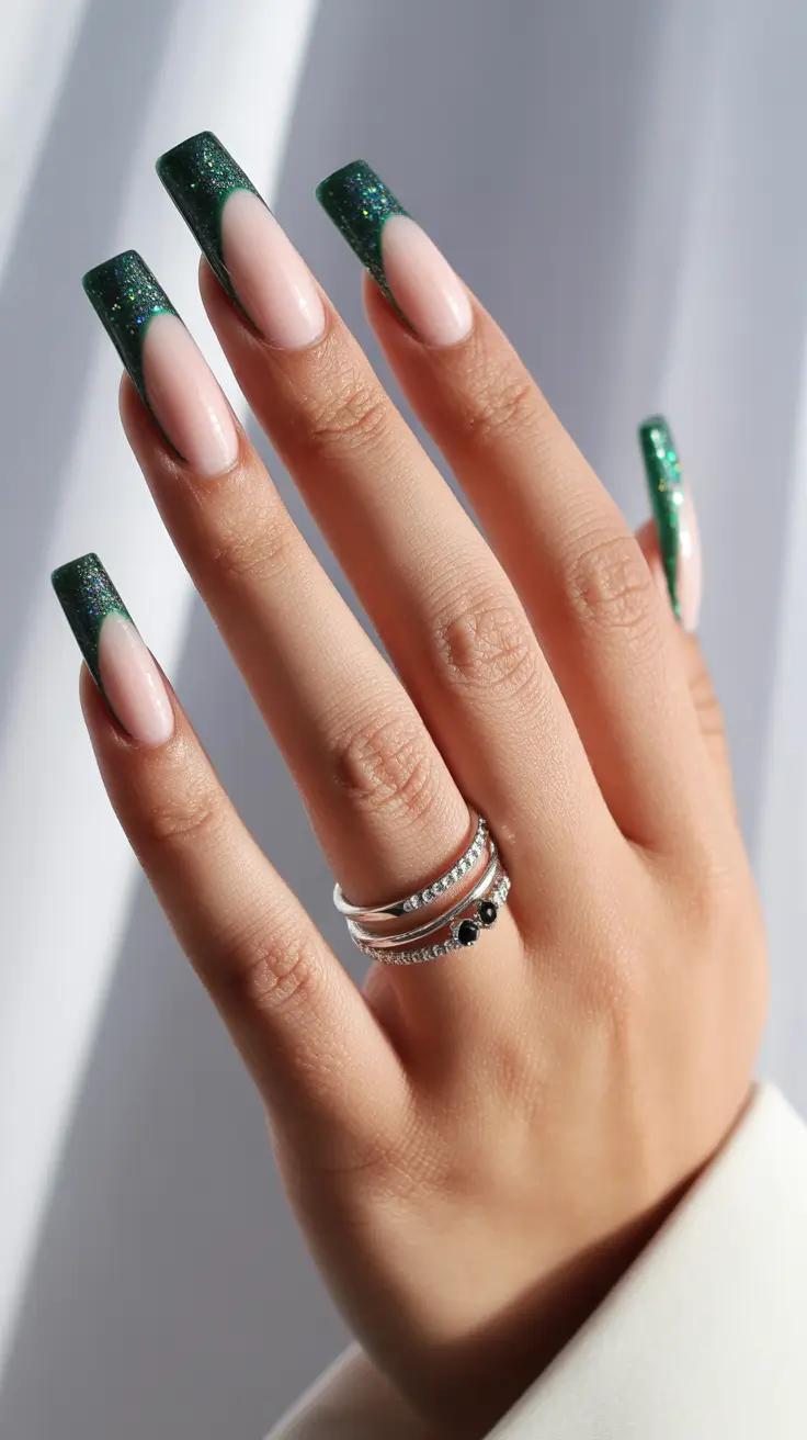 November 2025 Nail Colors Ideas Glittering Emerald French
