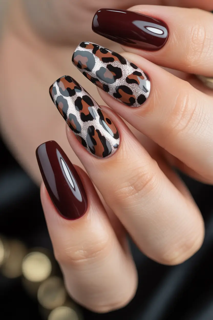 November 2025 Nail Colors Ideas Leopard Accents with Deep Brown