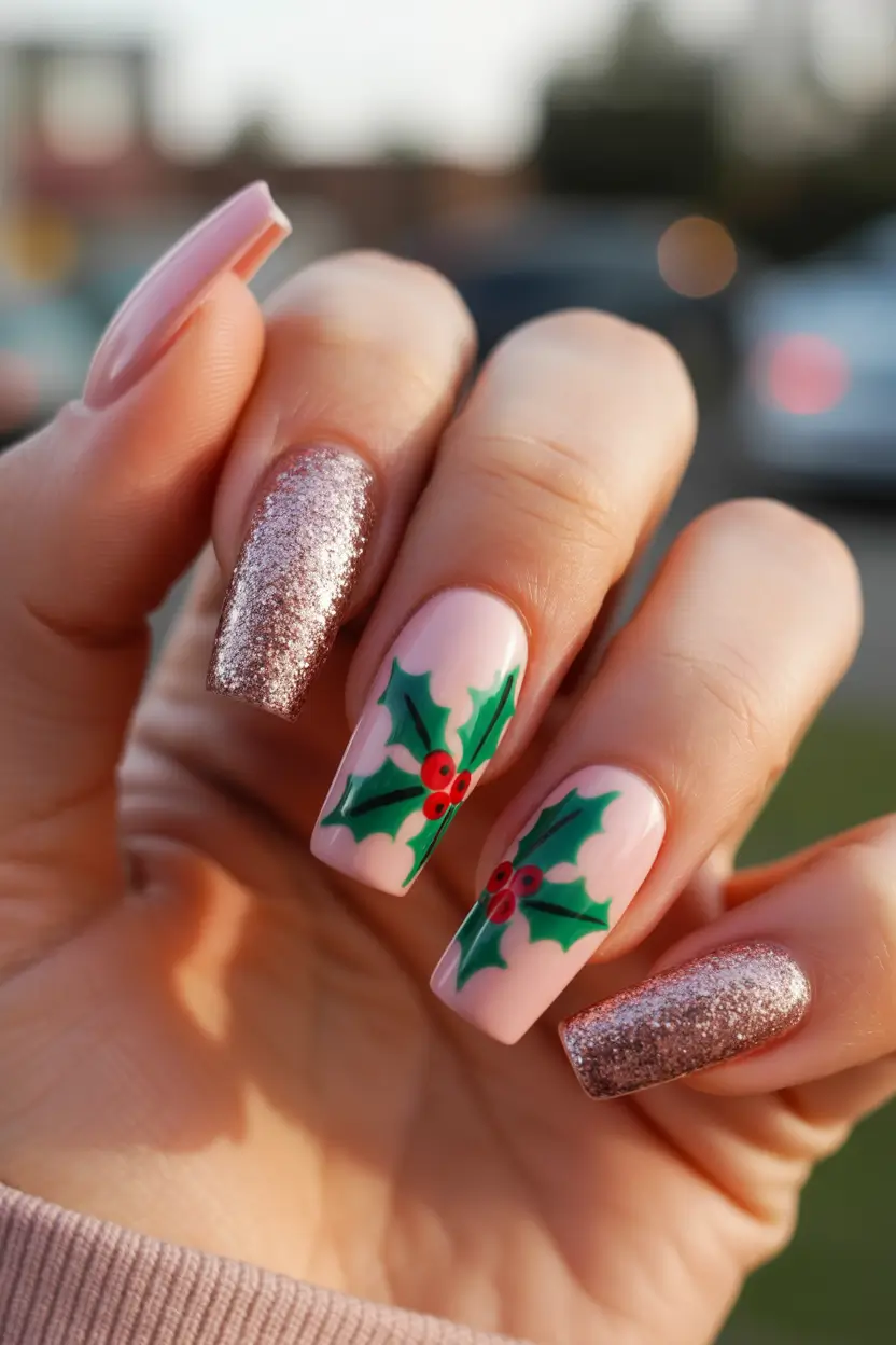 Pink Christmas Nails 2025 Soft Pink Sparkle with Holly Magic