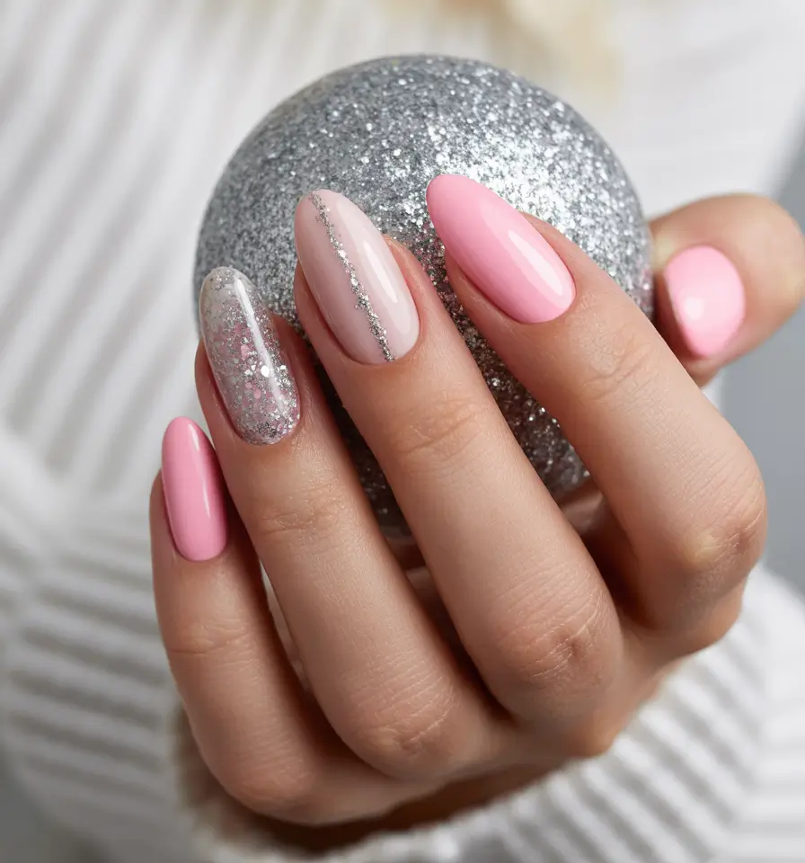 Pink Christmas Nails 2025 Silver Elegance with Pink Glow