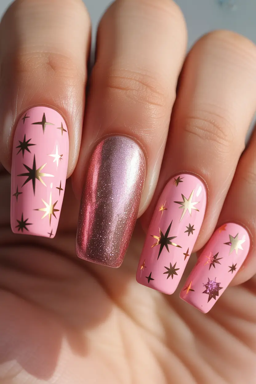Pink Christmas Nails 2025 Golden Starburst Glam