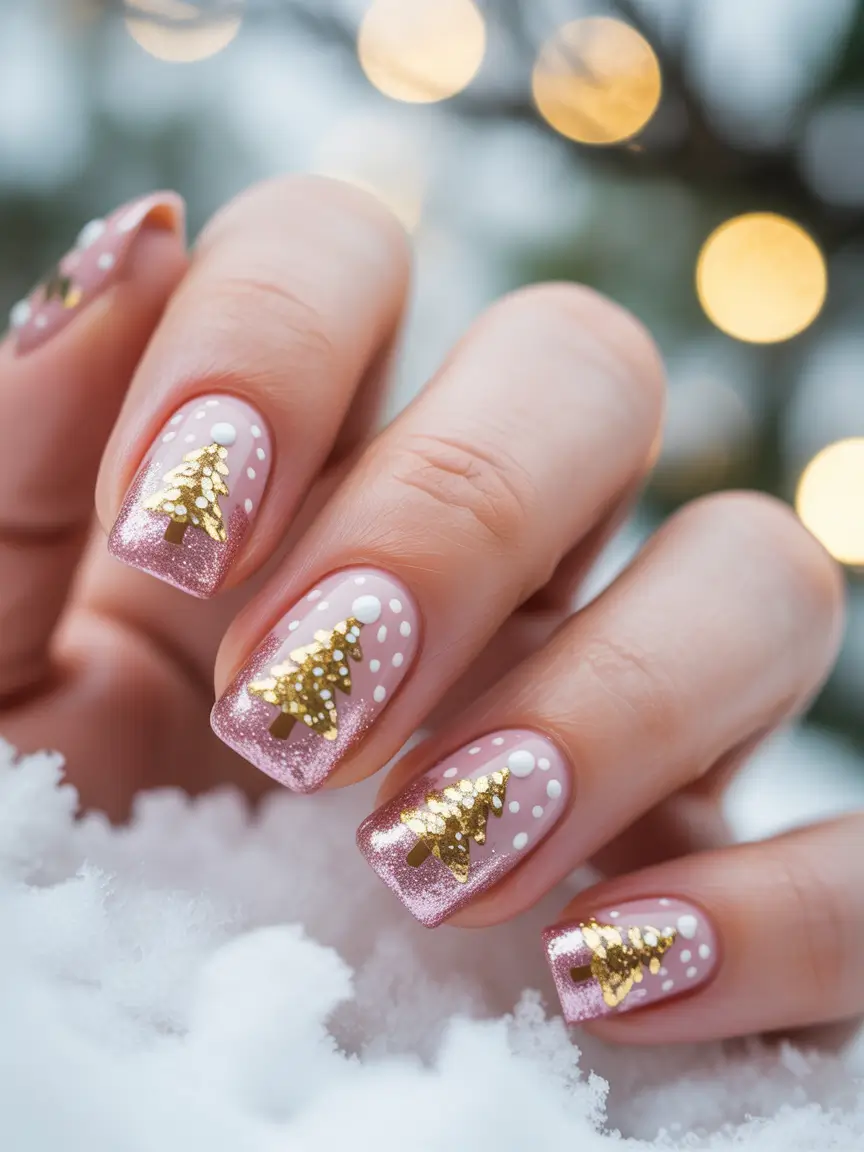 Pink Christmas Nails 2025 Golden Tree Sparkles