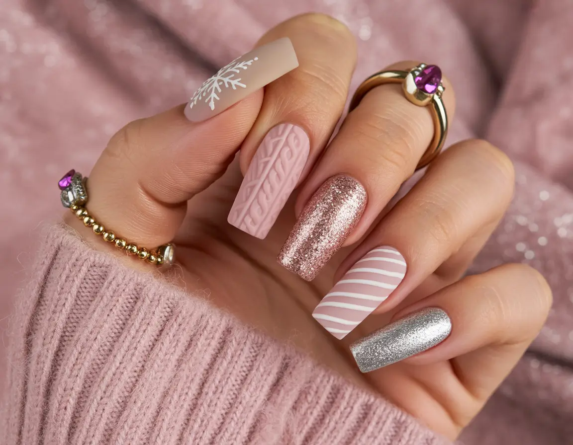 Pink Christmas Nails 2025 Cozy Knits and Glitter Dreams