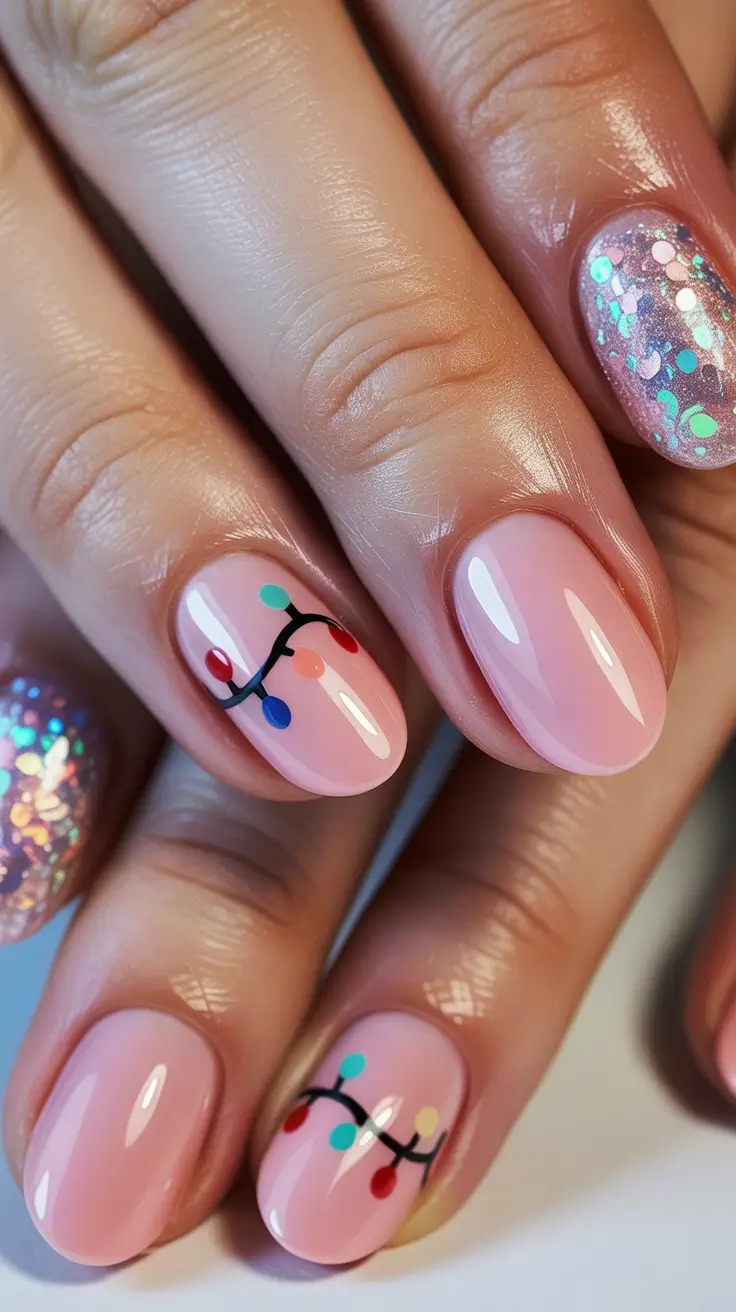 Pink Christmas Nails 2025 Twinkle Light Magic