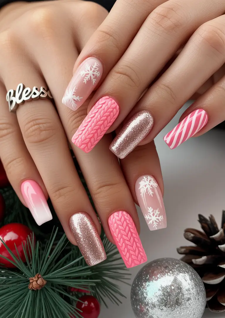 Pink Christmas Nails 2025 Pink Frost and Candy Stripe Delight