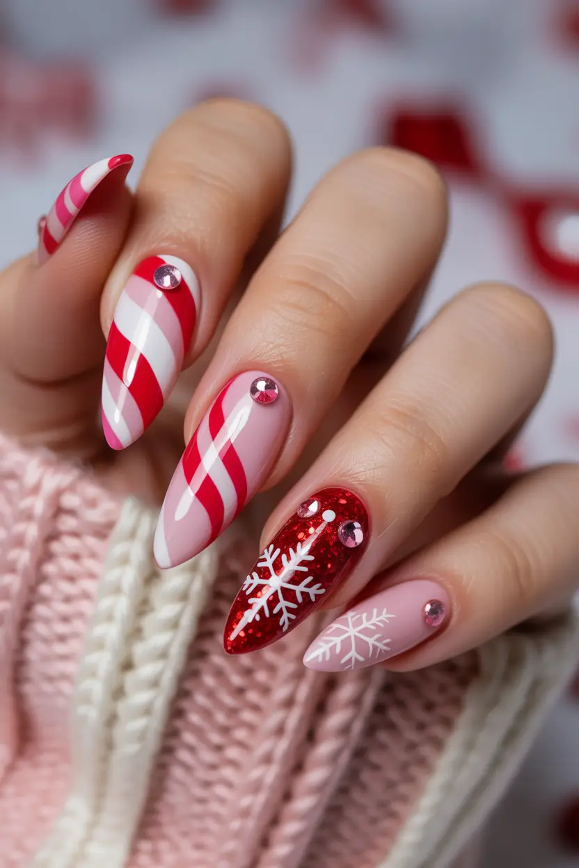 Pink Christmas Nails 2025 Candy Stripe Snowflakes