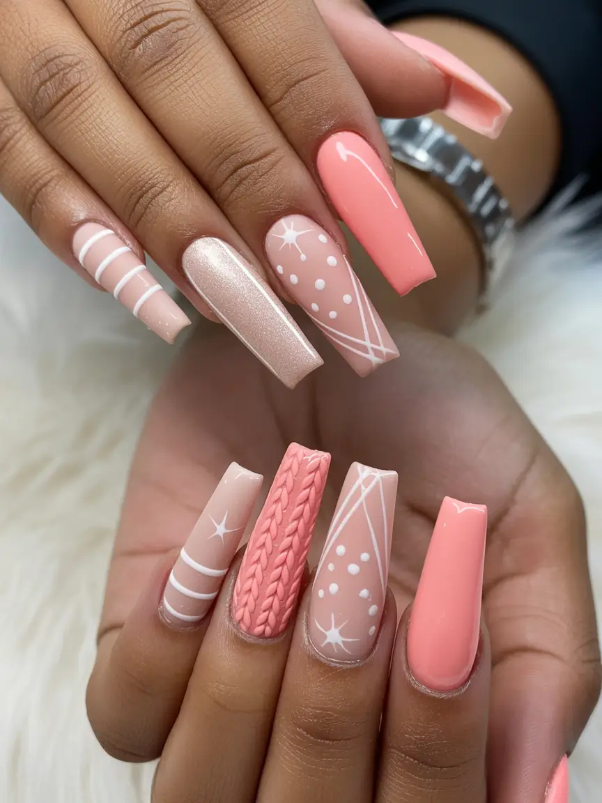 Pink Christmas Nails 2025 Peachy Knit & Shine