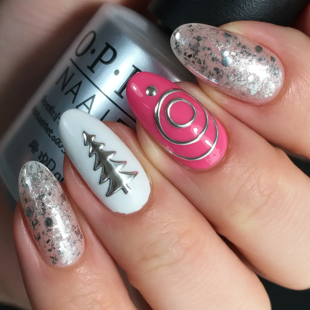 Pink Christmas Nails 2025 Metallic Tree Glam