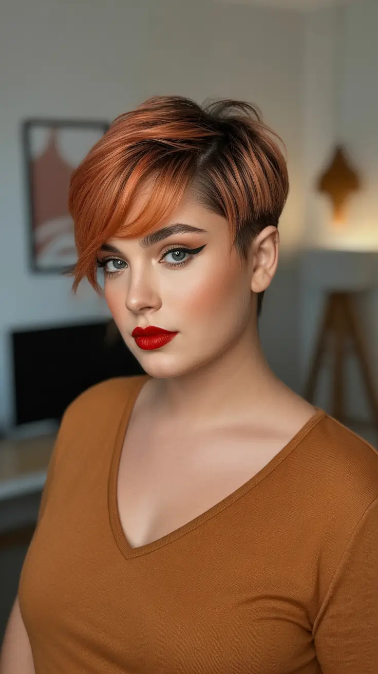 Plus Size Winter Haircuts for Women 2025 2026 Copper Long Pixie with Side Fringe