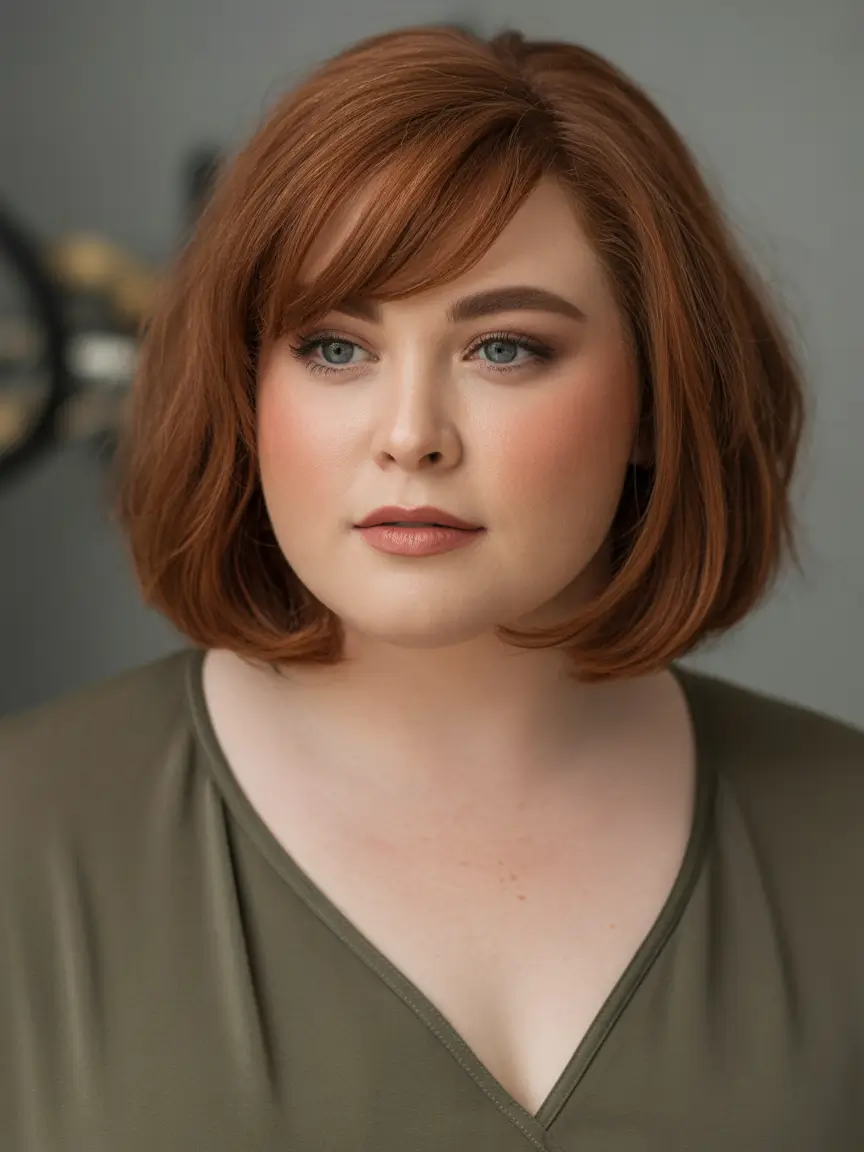 Plus Size Winter Haircuts for Women 2025 2026 Chestnut Bob with Bangs