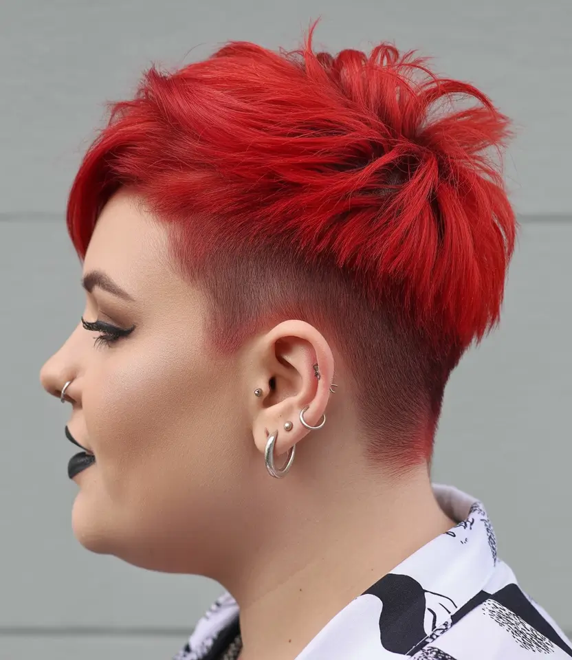 Plus Size Winter Haircuts for Women 2025 2026 Red Edgy Pixie Undercut