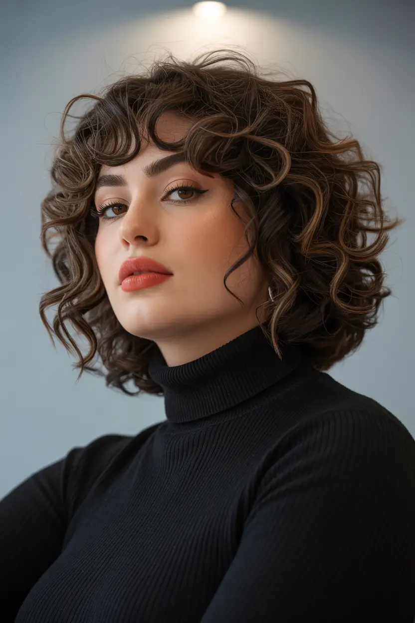 Plus Size Winter Haircuts for Women 2025 2026 Curly Bob with Layered Bangs